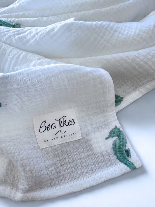 Organic Muslin Baby Blanket Seahorse Print