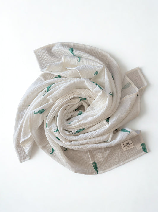 Organic Muslin Baby Blanket Seahorse Print